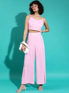 Tokyo Talkies Pink Shoulder Straps Crop Top With Trouser