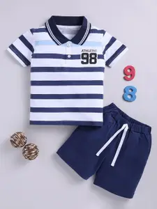 LITTLE NINJA Boys  Striped Polo Neck Short Sleeves Pure Cotton T-shirt & Shorts