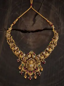 Kushal's Fashion Jewellery 92.5 Pure Silver Gold-Plated Stone Studded Temple Necklace