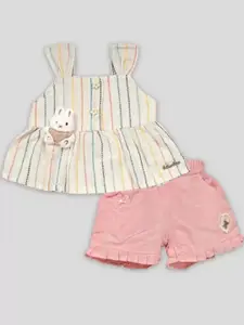 Babys Day Girls Striped Shoulder Strap Neck Sleeveless Pure Cotton Top With Shorts