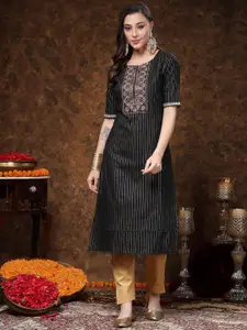 Stylum Striped Round Neck Sequinned Lurex Cotton Straight Kurta