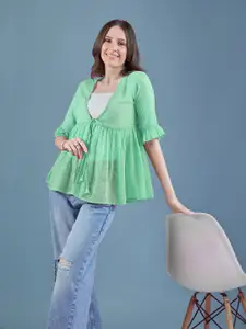 DressBerry Green Self Design Gathers Tie-Up Shrug