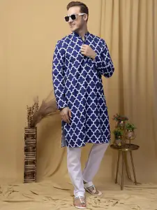 Hangup Geometric Printed Mandarin Collar Straight Kurta with Pyjamas