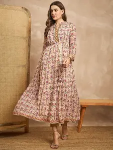 all about you Floral Printed Ethnic Motifs Mandarin Collar Midi Ethnic Dress