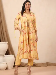 AUTUMN LANE Floral Printed Pure Cotton Crop Top With Trousers & Shrug