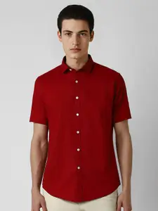 V Dot Men Spread Collar Solid Cotton Slim Fit Party Shirt