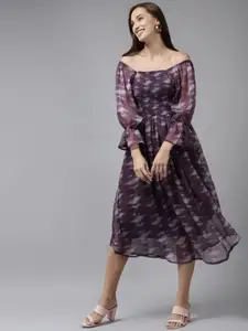 BAESD  Women Tie and Dye Print Off-Shoulder Puff Sleeve Fit & Flare Midi Dress