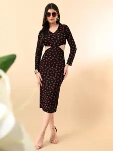 IUGA Floral Print Bodycon Midi Dress