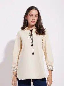 Pink Fort Women Solid Shirt Collar Cotton Top