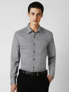 V Dot Men Spread Collar Geometric Printed Cotton Slim Fit Party Shirt