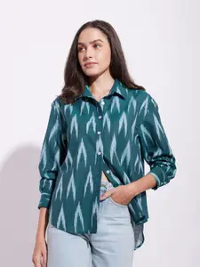 Pink Fort Women Abstract Printed Shirt Collar Cotton Top