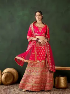Sangria Pink Embroidered Beads & Stones Unstitched Lehenga Choli With Dupatta