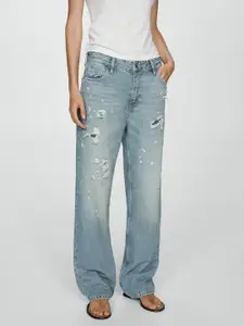 MANGO Women Pure Cotton Tapered Fit High-Waist Mildly Distressed Light Fade Jeans
