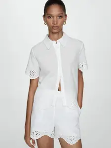 MANGO Women Schiffli Detail Pure Cotton Casual Shirt