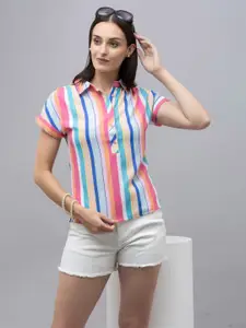 PURYS Women Standard Spread Collar Vertical Striped Casual Shirt