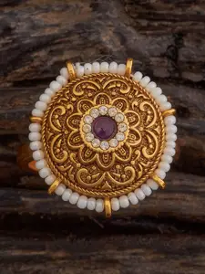 Kushal's Fashion Jewellery Gold-Plated Ruby Studded & Beaded Antique Adjustable Ring