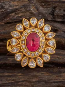Kushal's Fashion Jewellery 92.5 Pure Silver Gold-Plated Stone-Studded Temple Finger Ring