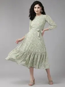 BAESD Floral Printed Puff Sleeve Georgette A-Line Midi Dress