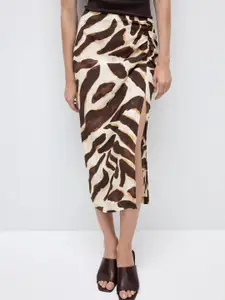 MANGO Animal Print Slit-Detail Ruched Straight Skirt