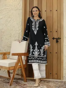HOUSE OF KARI Floral Embroidered Chikankari Flared Sleeves Straight Kurta