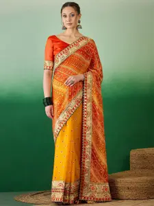 SERONA FABRICS Bandhani Sequinned Pure Chiffon Half and Half Bandhani Saree