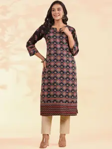 Vbuyz Floral Printed Notch Neck Sequinned Cotton Straight Kurta
