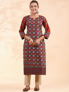 Vbuyz Floral Printed Notch Neck Sequinned Cotton Straight Kurta