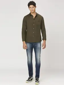 Pepe Jeans Men Spread Collar Solid Linen Casual Shirt