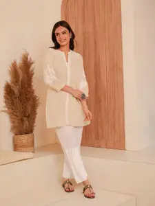 HOUSE OF KARI Floral Chikankari Embroidered Band Collar A-Line Kurti