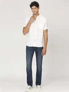 Pepe Jeans Men Spread Collar Solid Linen Casual Shirt