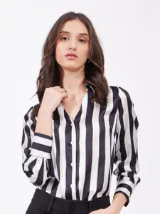 FableStreet Women Spread Collar Vertical Striped Casual Shirt