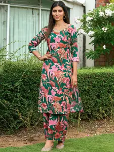 BAESD Floral Printed V-Neck Phulkari Straight Kurta