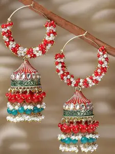 OOMPH Metal Kundan & Pearls Beaded Floral Meenakari Bali Drop Earrings