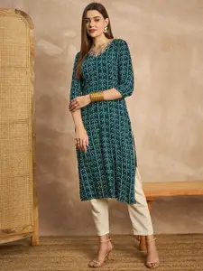 all about you Women Teal V-Neck Three-Quarter Sleeves Bandhani Printed Straight Kurtas