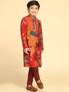KISAH Boys Floral Printed Long Sleeves Regular Cotton Blend Straight Kurta