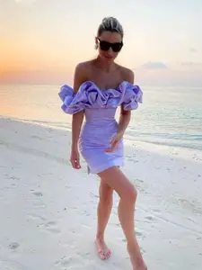 bebe Ruffle Neck Sheath Dress