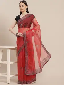 Anouk Floral Sequinned Organza Saree