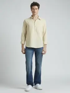 Pepe Jeans Men Spread Collar Solid Cotton Linen Casual Shirt