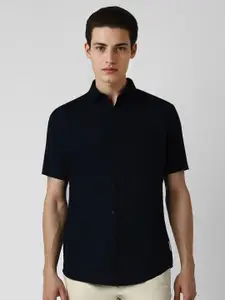 V Dot Men Spread Collar Solid Cotton Slim Fit Casual Shirt