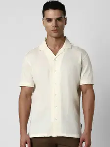 V Dot Men Cuban Collar Textured Cotton Slim Fit Casual Shirt