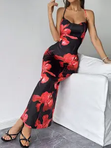 TANDUL Shoulder Straps Floral Printed Maxi Dress