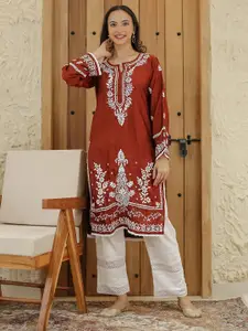 HOUSE OF KARI Floral Embroidered Chikankari Straight Kurta