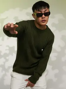 Campus Sutra Men Green Round neck Long Sleeve Cable Knit Woollen Pullover Sweaters