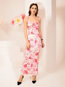 TANDUL Shoulder Straps Floral Printed Sheath Maxi Dress