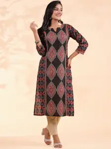 Vbuyz Ethnic Motifs Printed Round Notch Neck Sequinned Cotton Straight Kurta