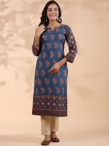 Vbuyz Floral Printed Notch Neck Sequinned Cotton Straight Kurta