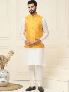 SOJANYA Mandarin Collar Silk Cotton Straight Kurta with Churidar & Nehru jacket