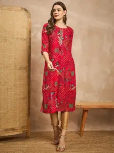 all about you Women Red Round Neck Three-Quarter Sleeves Printed Straight Kurtas