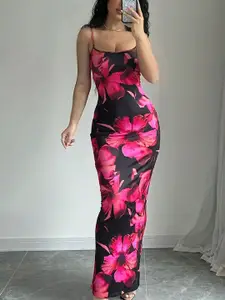 TANDUL Shoulder Straps Floral Printed Bodycon Maxi Dress