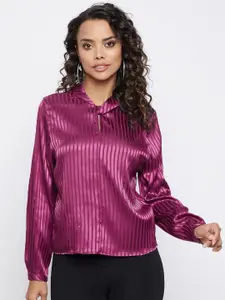 Madame Maroon Striped Tie-Up Neck Shirt Style Top